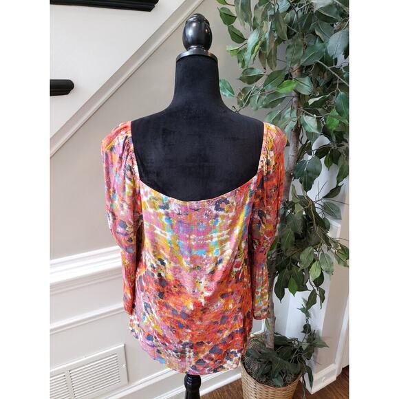 Women's Ecru Floral Print Square Neck Long Sleeve Top Size L Pullover Outdoor - Picture 8 of 12
